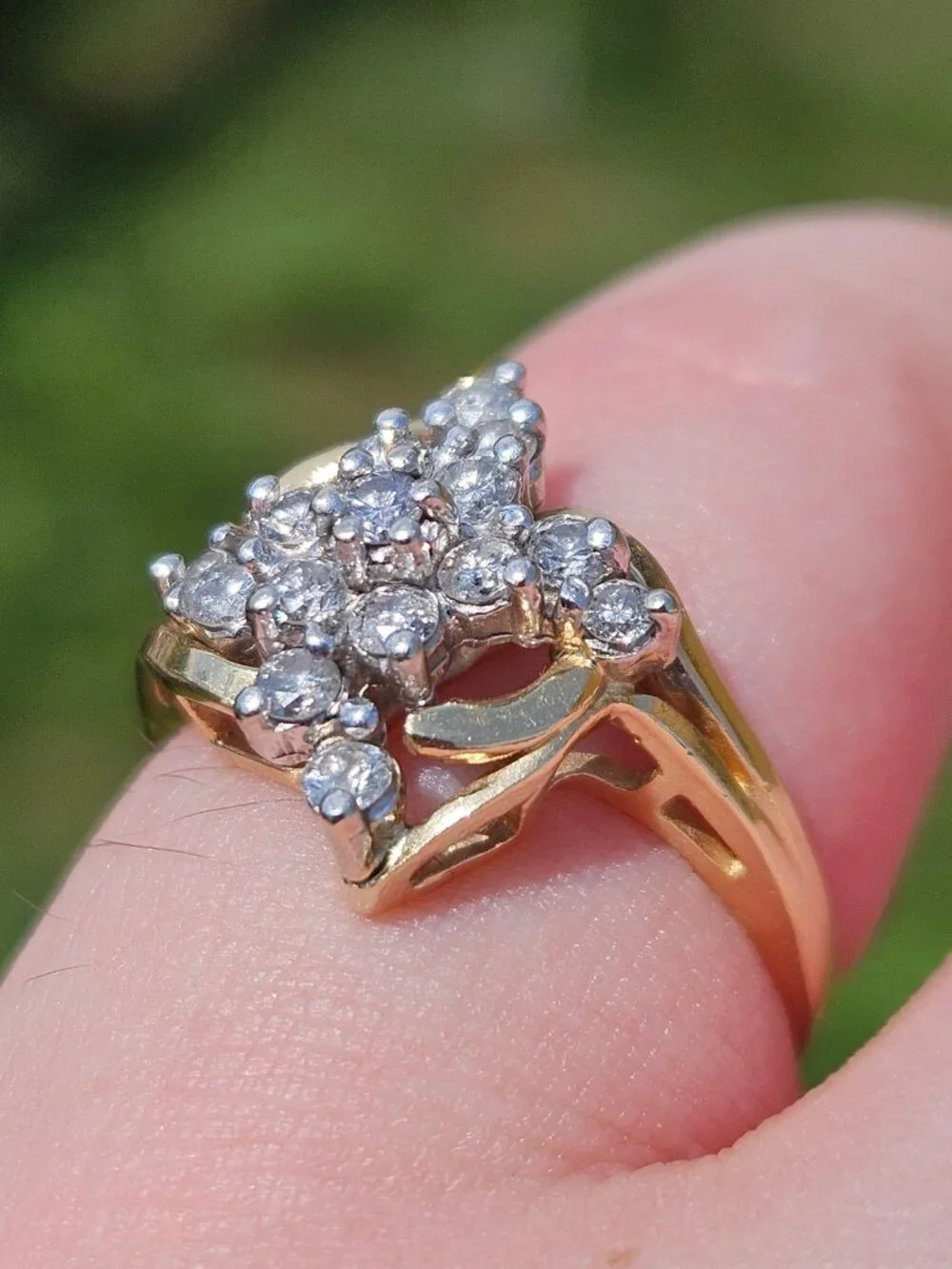 14K Yellow Gold Diamond Cocktail Bypass Flower Cluster Ring .30TCW Size 6.5